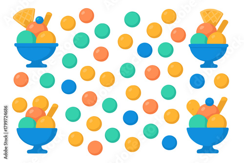 Seamless repeating pattern of vibrant ice cream sundaes and scattered colorful spheres