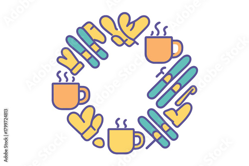 Winter sports equipment and hot drinks arranged in a circular frame pattern