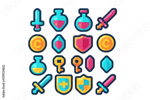 Colorful fantasy game assets collection featuring swords shields potions keys coins and gems