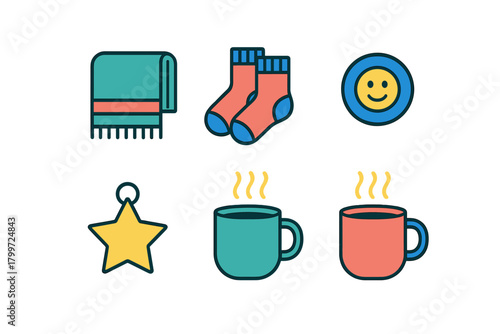 Cozy winter symbols including warm blanket, knitted socks, hot steaming mugs, star ornament, and happy face pin