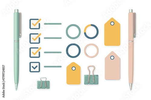Modern set of productivity and planning elements including pens, checklist boxes, tags, and charts