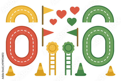 Colorful racing game elements kit featuring road sections, flags, traffic cones, and decorative hearts