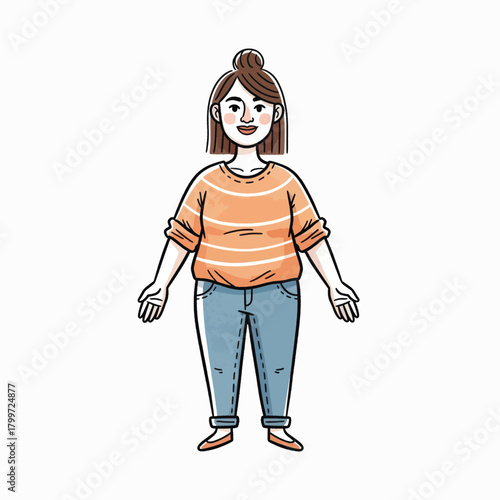 Full body vector illustration of a happy, body positive woman with a top knot bun making a welcoming gesture on a white background