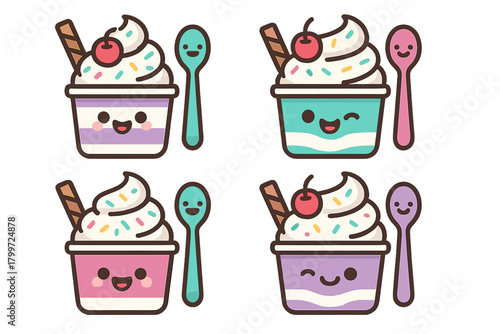 Set of four smiling ice cream sundaes topped with whipped cream and cherries