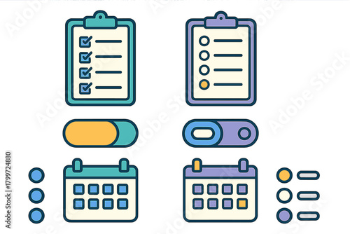 Essential productivity and scheduling icons featuring clipboard, calendar, and toggle buttons