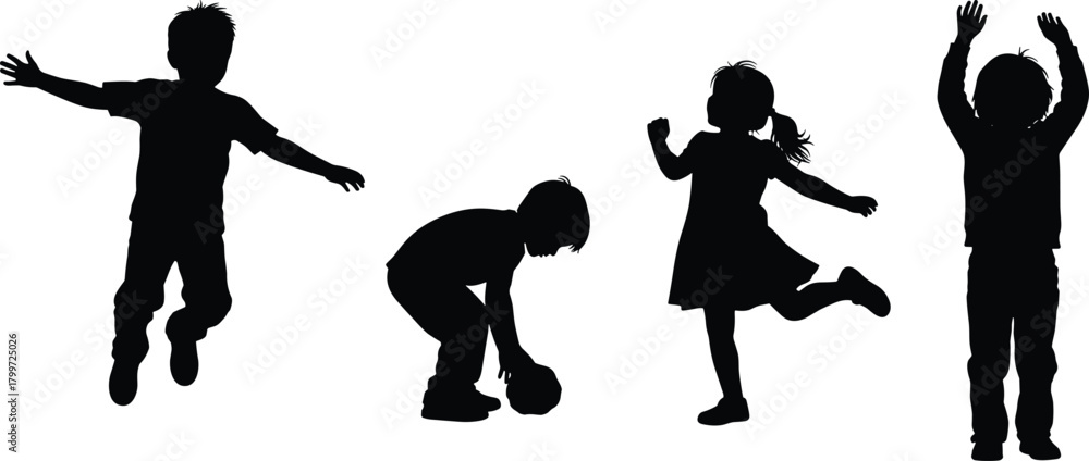 Obraz premium PrintChildren playing silhouettes, black figures, joyful motion, active poses, vector clipart, isolated design, childhood activity, fun theme, movement artwork