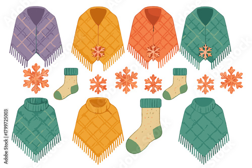 Seamless pattern of colorful plaid ponchos, scarves, warm socks, and winter snowflakes