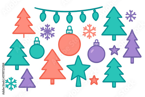 Colorful Christmas and winter holiday decoration elements including trees, baubles, and snowflakes