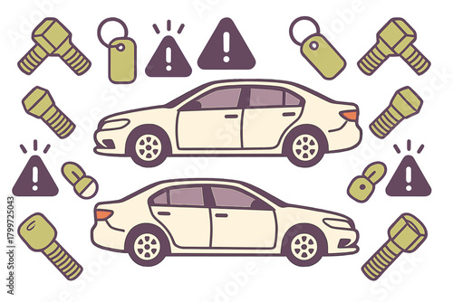 Automotive service symbols featuring sedan cars key tags bolts and hazard signs