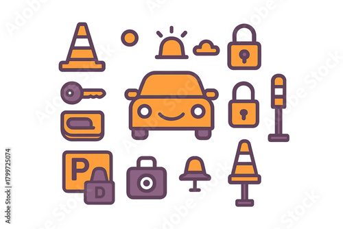 Modern flat line set covering transportation, driving school, car safety, and security concepts