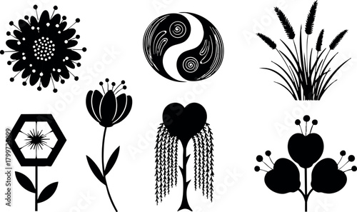 Black silhouette floral design elements with yin yang and various stylized flowers and plants vector set