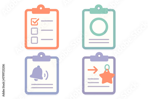 Colorful clipboard icons set for user interface design representing tasks, profile, notification, and favorites