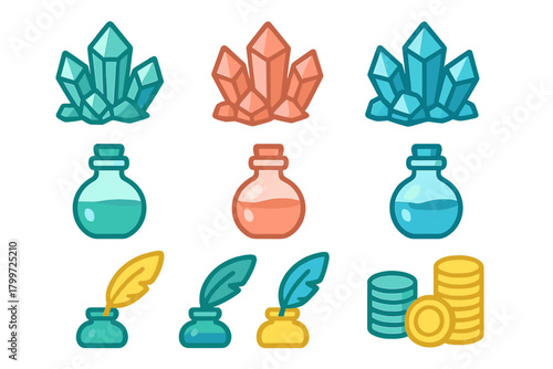 Colorful fantasy game icons featuring magic crystals potions inkwells and gold coins
