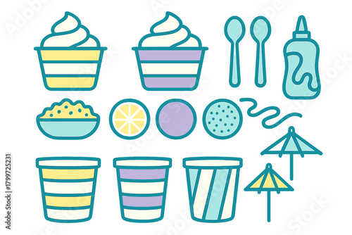 Colorful frozen dessert elements including soft serve ice cream, yogurt cups, spoons, and various toppings