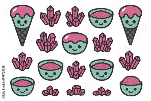 Smiling ice cream cones dessert bowls and pink mineral crystal clusters seamless background