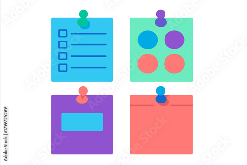 Colorful collection of four pinned memo notes showing checklist, data points, and blank spaces