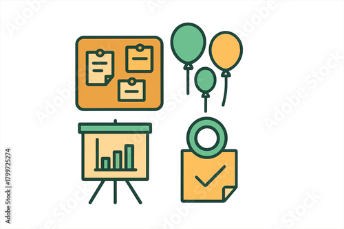 Set of business planning symbols showing sticky notes, data chart, and success balloons