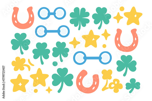 Seamless pattern of lucky charms with green shamrocks, orange horseshoes, and yellow stars