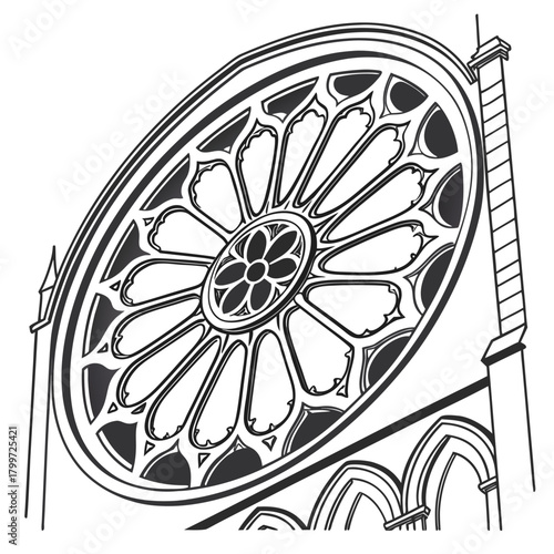 Detailed sketch of a gothic rose window and architectural structure
