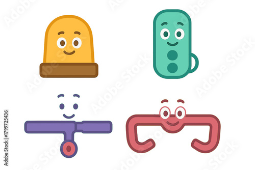 Set of four cute cartoon characters including a siren and traffic light with smiling faces