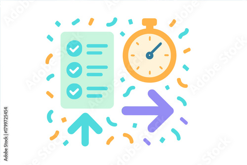 Checklist with successful task completion and stopwatch timer for efficient time management