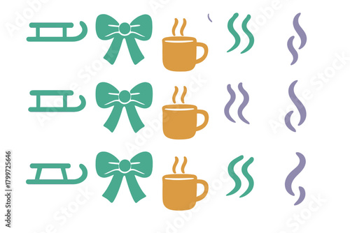 Seamless pattern of winter holiday elements including sleds, decorative bows, and hot beverage mugs