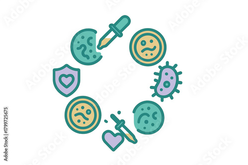 Immunity and scientific research concept with bacteria, pipette, and protective shield icons