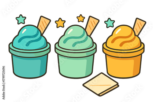 Row of three brightly colored ice cream cups with creamy swirls and crispy wafer cookies