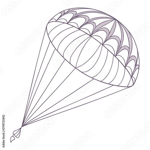 A simple line drawing depicts a classic parachute in a downward position