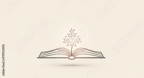 Open book with a tree growing from its pages, symbolizing knowledge and growth, line art
