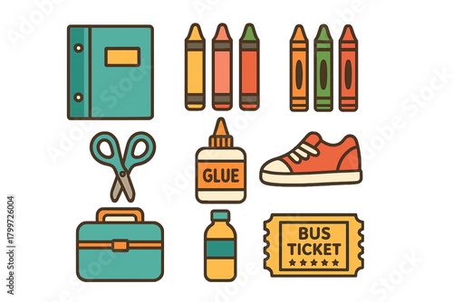 Collection of colorful school and daily objects: binder, crayons, scissors, glue, sneaker, ticket