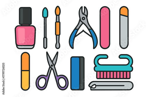 Colorful collection of manicure and pedicure tools and accessories for nail care