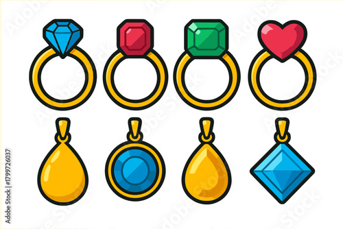 Stylized collection of gold rings adorned with colorful faceted gems and matching decorative pendants