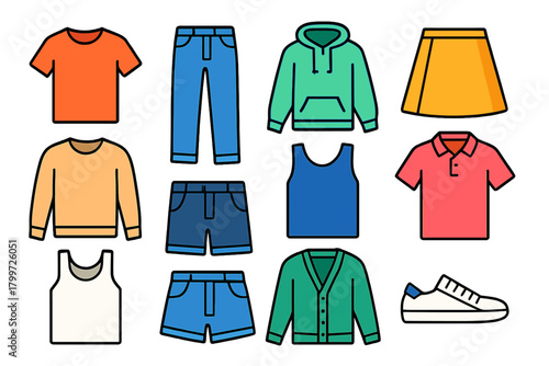 Colorful casual apparel collection featuring shirts, pants, shorts, outerwear, and a sneaker