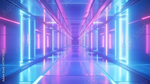 Fototapeta Naklejka Na Ścianę i Meble -  Futuristic tunnel with glowing neon light bars