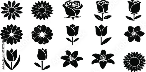 PrintFlower silhouette icons, black floral designs, vector flower set, decorative petal shapes, botanical illustration pack, nature graphic elements, floral art collection