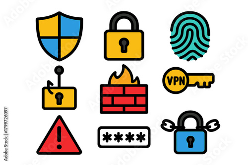 Cybersecurity and digital protection icons set featuring firewall, padlock, shield, fingerprint, and VPN key