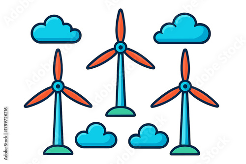 Stylized wind turbines and fluffy clouds representing renewable energy and environmental sustainability
