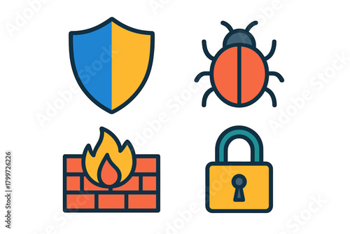 Digital security icons set featuring shield, computer virus, network firewall, and locked padlock