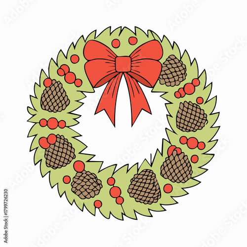 Lush, classic Christmas wreath vector, richly embellished with natural winter elements and a perfectly tied red bow.