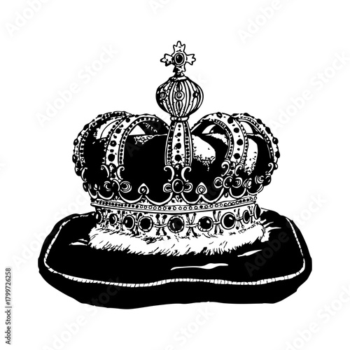 Realeza, dibujo realista de una corona en estilo antiguo, vintage, blanco y negro.