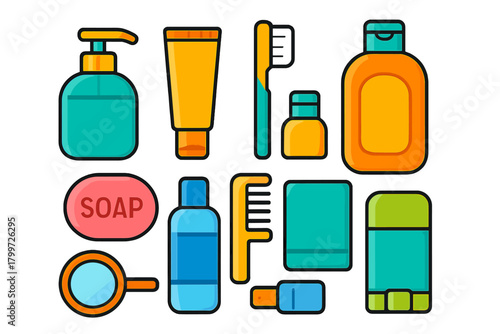 Colorful assortment of personal care products including soap shampoo and toothbrush