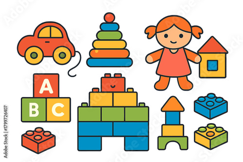 Assortment of classic childhood toys including doll, toy car, stacking blocks, and construction bricks