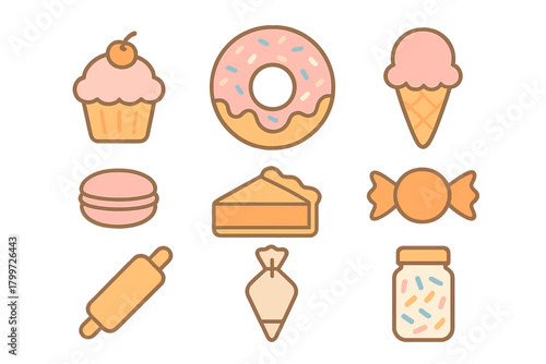 Set of cute pastel desserts and baking items including donut cupcake pie and sprinkles