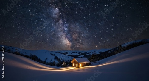 Cozy cabin glows under the majestic milky way in a snowy mountain landscape at night