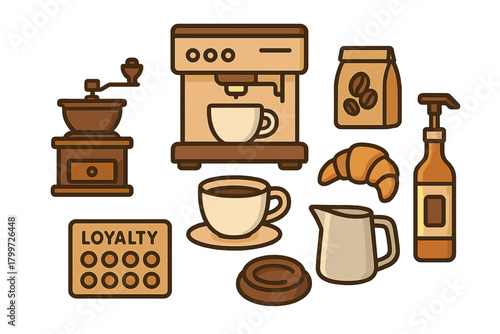 Stylized collection of coffee brewing equipment and cafe accessories