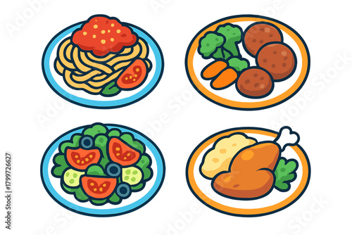 Set of classic dinner plates featuring pasta, fresh garden salad, roasted chicken, and meat patties