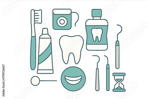 Set of dental hygiene tools including toothbrush, toothpaste, floss, mouthwash, and dentist instruments