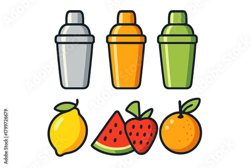 Bar tools and fresh fruit ingredients for mixing cocktails and refreshing summer drinks