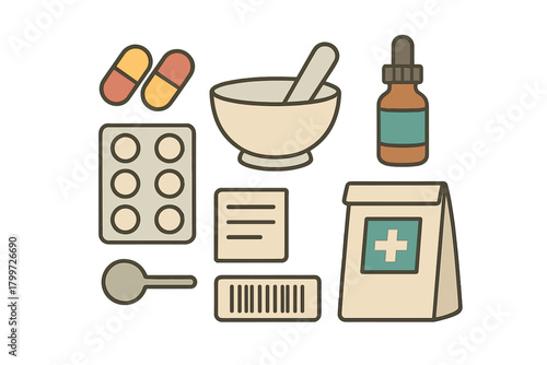 Pharmacy and medical supplies set with capsules, mortar and pestle, dropper bottle, and prescription bag